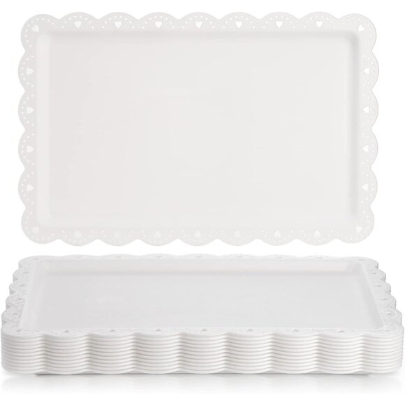 Other - 12 Pack White Plastic Serving Tray with Lace Rim, Rectangle Food Trays, Disposab